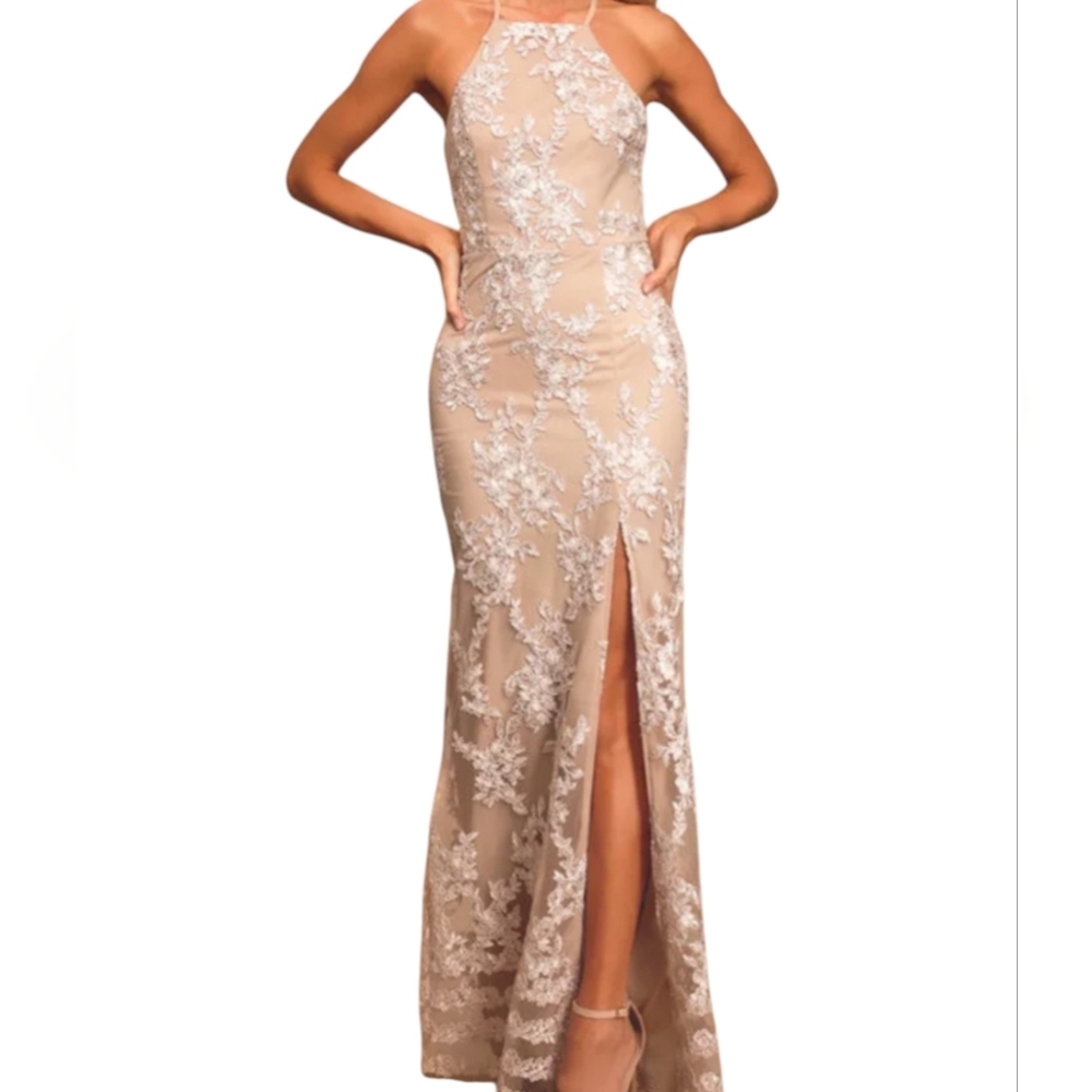 Lulus Dazzled Up Champagne Floral Embroidered Formal Gown...Size Small